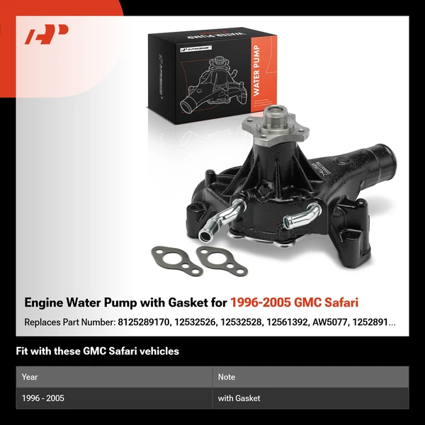 Engine Water Pump with Gasket for 1996-2005 GMC Safari