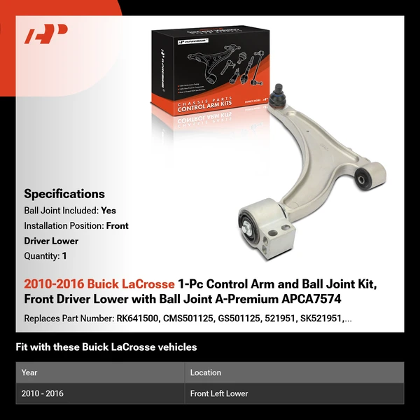 2010-2016 Buick LaCrosse 1-Pc Control Arm and Ball Joint Kit, Front Driver Lower with Ball Joint A-Premium APCA7574