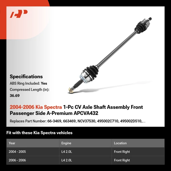 2004-2006 Kia Spectra 1-Pc CV Axle Shaft Assembly Front Passenger Side A-Premium APCVA432