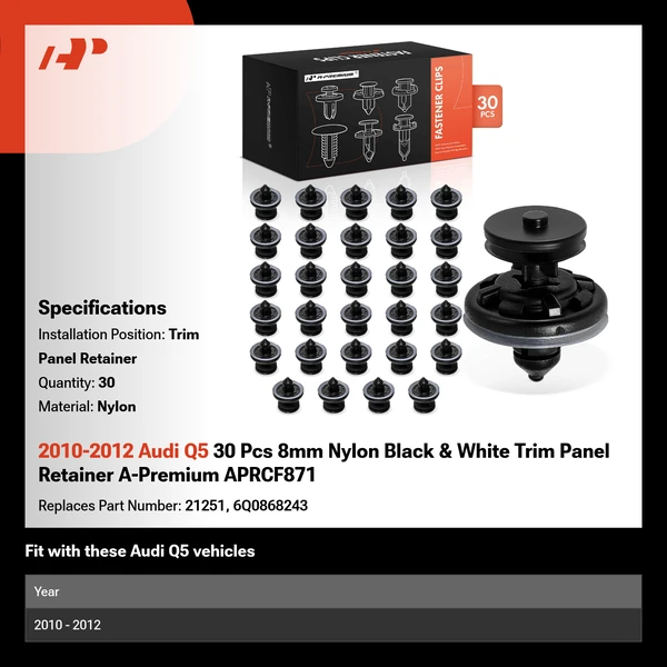 2010-2012 Audi Q5 30 Pcs 8mm Nylon Black & White Trim Panel Retainer A-Premium APRCF871