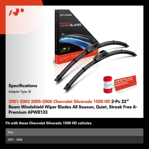 2001-2003 2005-2006 Chevrolet Silverado 1500 HD 2-Pc 22″ Beam Windshield Wiper Blades All Season, Quiet, Streak Free A-Premium APWB133