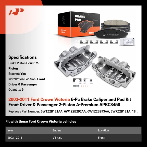 2003-2011 Ford Crown Victoria 6-Pc Brake Caliper and Pad Kit Front Driver & Passenger 2-Piston A-Premium APBC3450