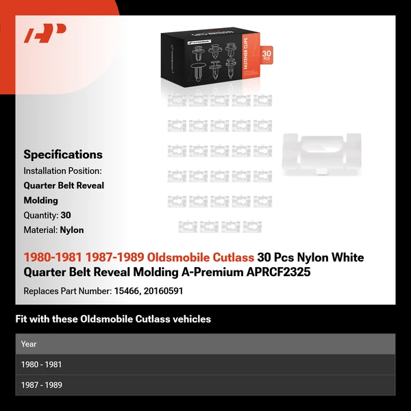 1980-1981 1987-1989 Oldsmobile Cutlass 30 Pcs Nylon White Quarter Belt Reveal Molding A-Premium APRCF2325