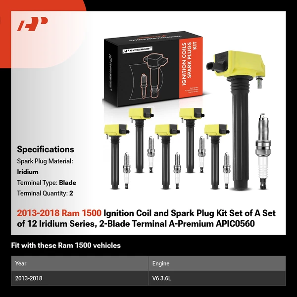 2013-2018 Ram 1500 Ignition Coil and Spark Plug Kit Set of A Set of 12 Iridium Series, 2-Blade Terminal A-Premium APIC0560