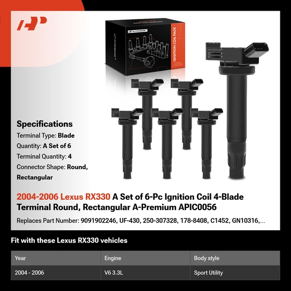 2004-2006 Lexus RX330 A Set of 6-Pc Ignition Coil 4-Blade Terminal Round, Rectangular A-Premium APIC0056