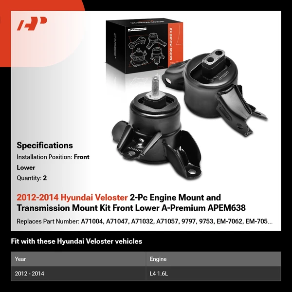 2012-2014 Hyundai Veloster 2-Pc Engine Mount and Transmission Mount Kit Front Lower A-Premium APEM638
