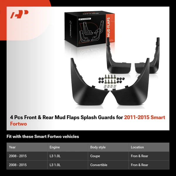 4 Pcs Front & Rear Mud Flaps Splash Guards for 2011-2015 Smart Fortwo