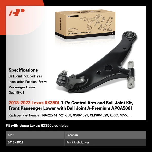 2018-2022 Lexus RX350L 1-Pc Control Arm and Ball Joint Kit, Front Passenger Lower with Ball Joint A-Premium APCA5861