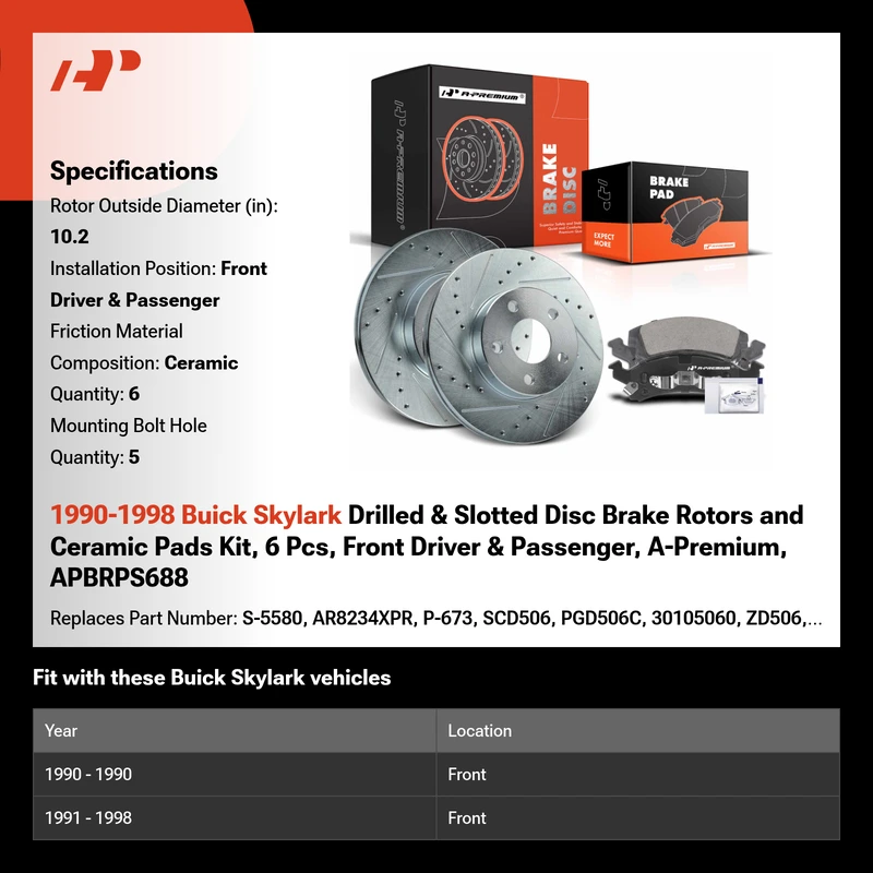 1990-1998 Buick Skylark Drilled & Slotted Disc Brake Rotors and Ceramic Pads Kit, 6 Pcs, Front Driver & Passenger, A-Premium, APBRPS688