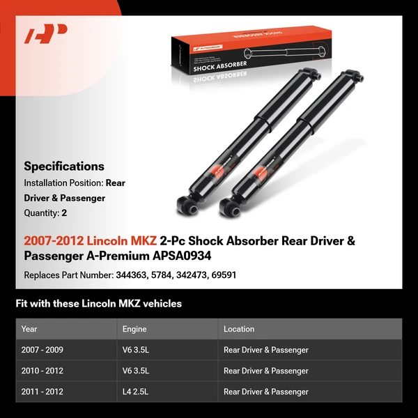 2007-2012 Lincoln MKZ 2-Pc Shock Absorber Rear Driver & Passenger A-Premium APSA0934