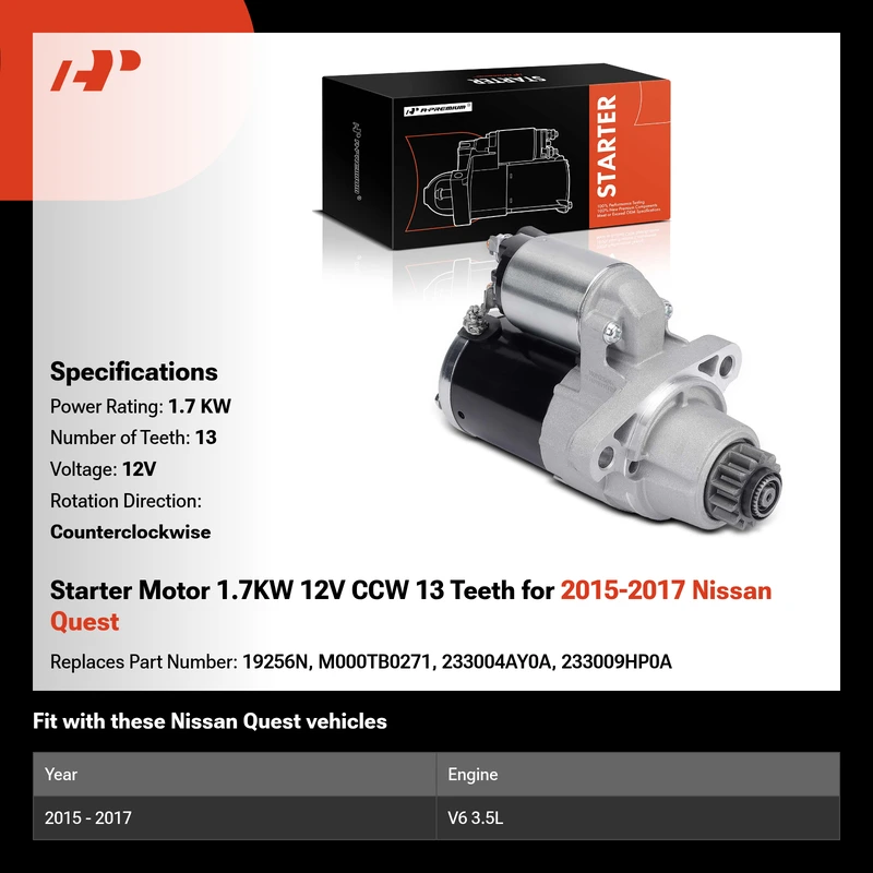Starter Motor 1.7KW 12V CCW 13 Teeth for 2015-2017 Nissan Quest