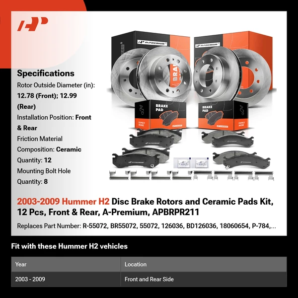 2003-2009 Hummer H2 Disc Brake Rotors and Ceramic Pads Kit, 12 Pcs, Front & Rear, A-Premium, APBRPR211