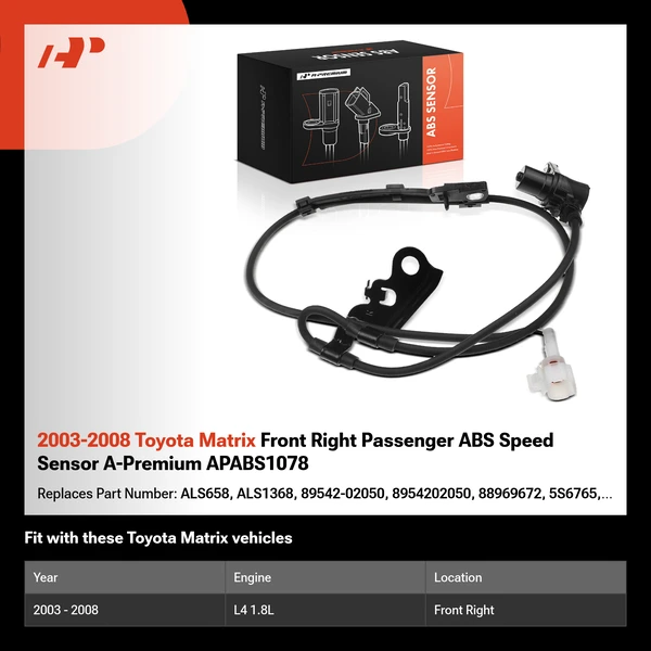 2003-2008 Toyota Matrix Front Right Passenger ABS Speed Sensor A-Premium APABS1078