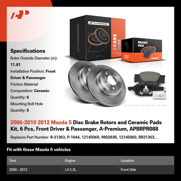2006-2010 2012 Mazda 5 Disc Brake Rotors and Ceramic Pads Kit, 6 Pcs, Front Driver & Passenger, A-Premium, APBRPR088