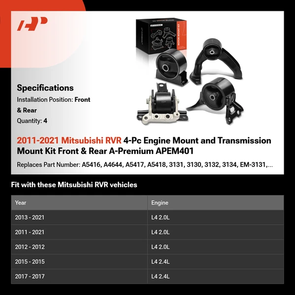 2011-2021 Mitsubishi RVR 4-Pc Engine Mount and Transmission Mount Kit Front & Rear A-Premium APEM401