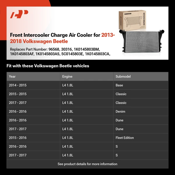 Front Intercooler Charge Air Cooler for 2013-2018 Volkswagen Beetle