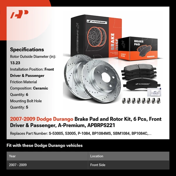2007-2009 Dodge Durango Brake Pad and Rotor Kit, 6 Pcs, Front Driver & Passenger, A-Premium, APBRPS221