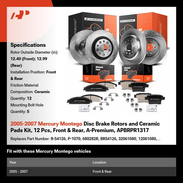 2005-2007 Mercury Montego Disc Brake Rotors and Ceramic Pads Kit, 12 Pcs, Front & Rear, A-Premium, APBRPR1317