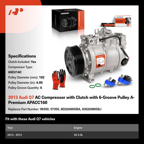 2013 Audi Q7 AC Compressor with Clutch with 6-Groove Pulley A-Premium APACC160