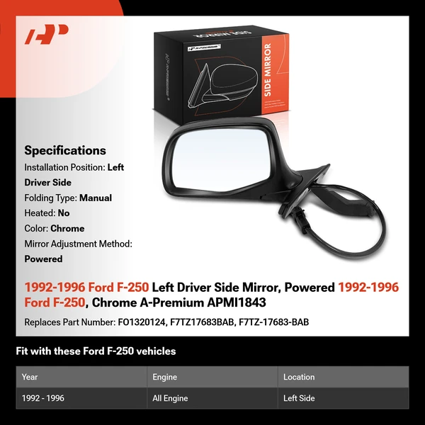 1992-1996 Ford F-250 Left Driver Side Mirror, Powered 1992-1996 Ford F-250, Chrome A-Premium APMI1843