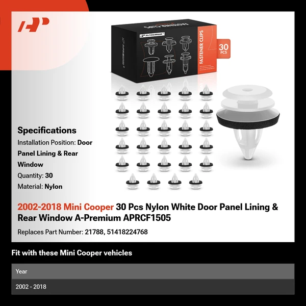 2002-2018 Mini Cooper 30 Pcs Nylon White Door Panel Lining & Rear Window A-Premium APRCF1505