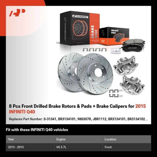 8 Pcs Front Drilled Brake Rotors & Pads + Brake Calipers for 2015 INFINITI Q40