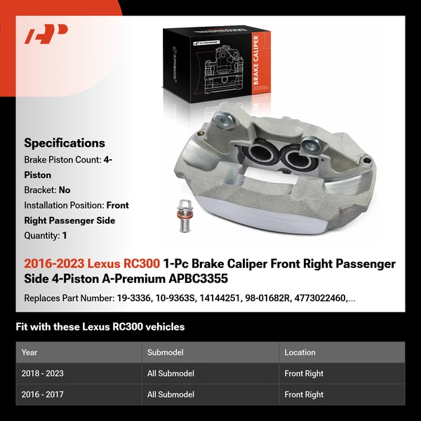 2016-2023 Lexus RC300 1-Pc Brake Caliper Front Right Passenger Side 4-Piston A-Premium APBC3355