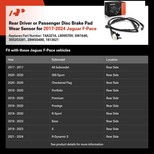 Rear Driver or Passenger Disc Brake Pad Wear Sensor for 2017-2024 Jaguar F-Pace