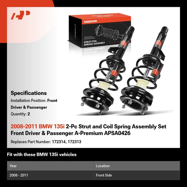 2008-2011 BMW 135i 2-Pc Strut and Coil Spring Assembly Set Front Driver & Passenger A-Premium APSA0426