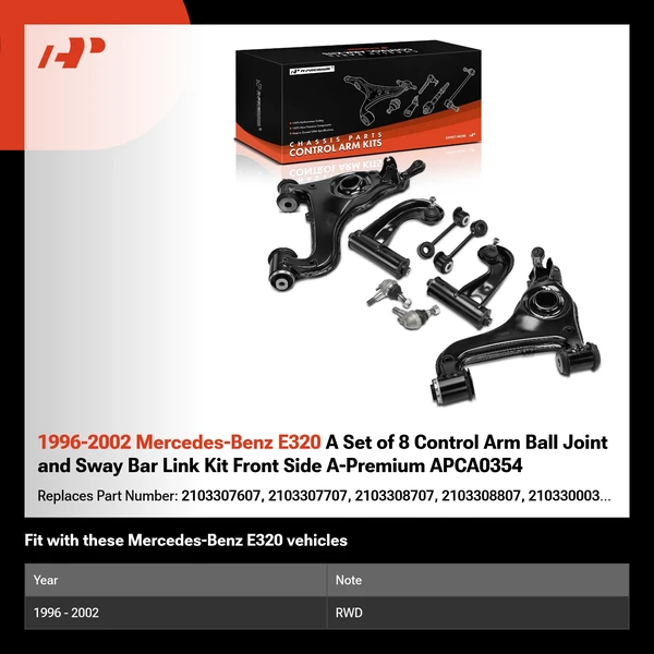 1996-2002 Mercedes-Benz E320 A Set of 8 Control Arm Ball Joint and Sway Bar Link Kit Front Side A-Premium APCA0354