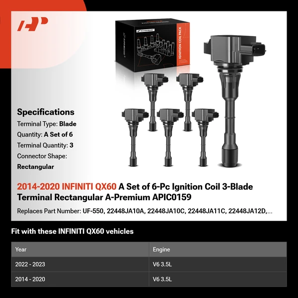 2014-2020 INFINITI QX60 A Set of 6-Pc Ignition Coil 3-Blade Terminal Rectangular A-Premium APIC0159