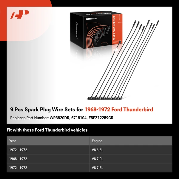 9 Pcs Spark Plug Wire Sets for 1968-1972 Ford Thunderbird