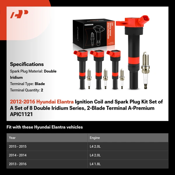 2012-2016 Hyundai Elantra Ignition Coil and Spark Plug Kit Set of A Set of 8 Double Iridium Series, 2-Blade Terminal A-Premium APIC1121