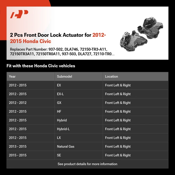 2 Pcs Front Door Lock Actuator for 2012-2015 Honda Civic