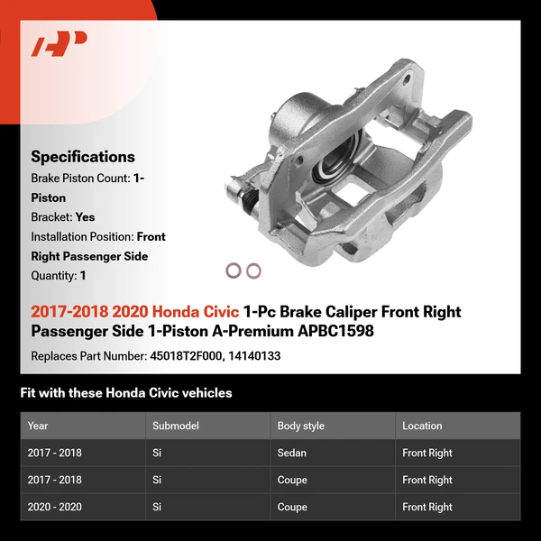 2017-2018 2020 Honda Civic 1-Pc Brake Caliper Front Right Passenger Side 1-Piston A-Premium APBC1598