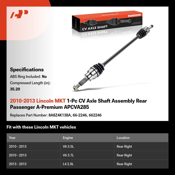 2010-2013 Lincoln MKT 1-Pc CV Axle Shaft Assembly Rear Passenger A-Premium APCVA285