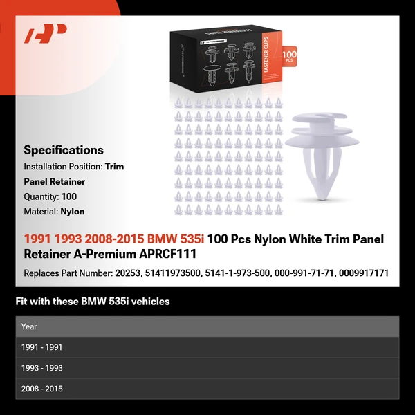 1991 1993 2008-2015 BMW 535i 100 Pcs Nylon White Trim Panel Retainer A-Premium APRCF111