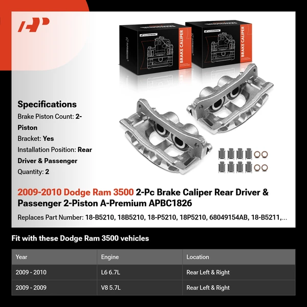 2009-2010 Dodge Ram 3500 2-Pc Brake Caliper Rear Driver & Passenger 2-Piston A-Premium APBC1826