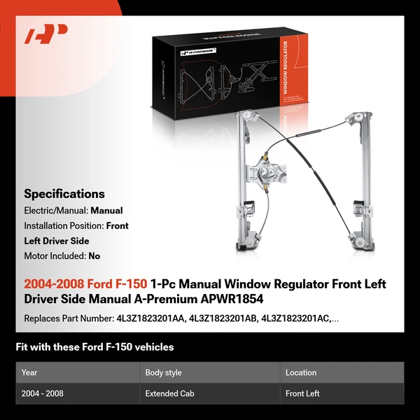 2004-2008 Ford F-150 1-Pc Manual Window Regulator Front Left Driver Side Manual A-Premium APWR1854