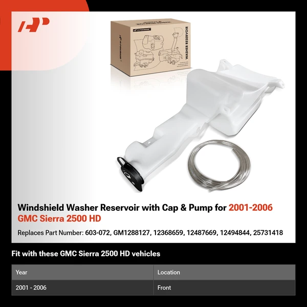 Windshield Washer Reservoir with Cap & Pump for 2001-2006 GMC Sierra 2500 HD