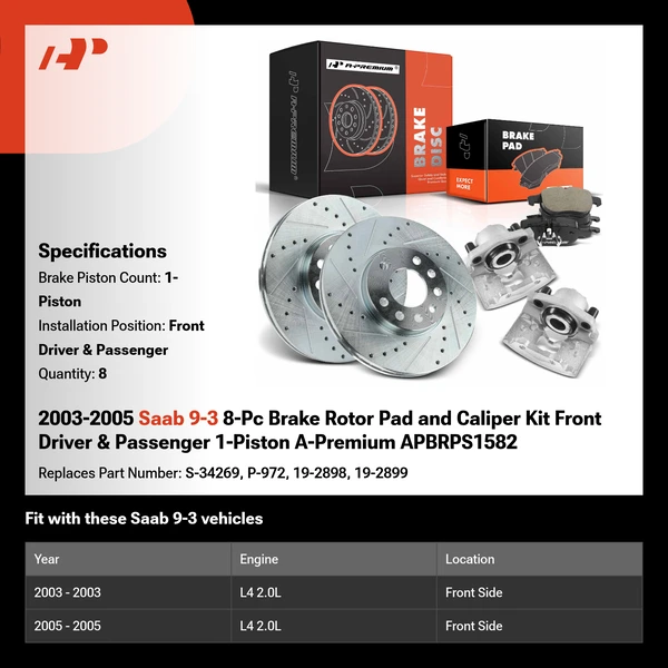 2003-2005 Saab 9-3 8-Pc Brake Rotor Pad and Caliper Kit Front Driver & Passenger 1-Piston A-Premium APBRPS1582