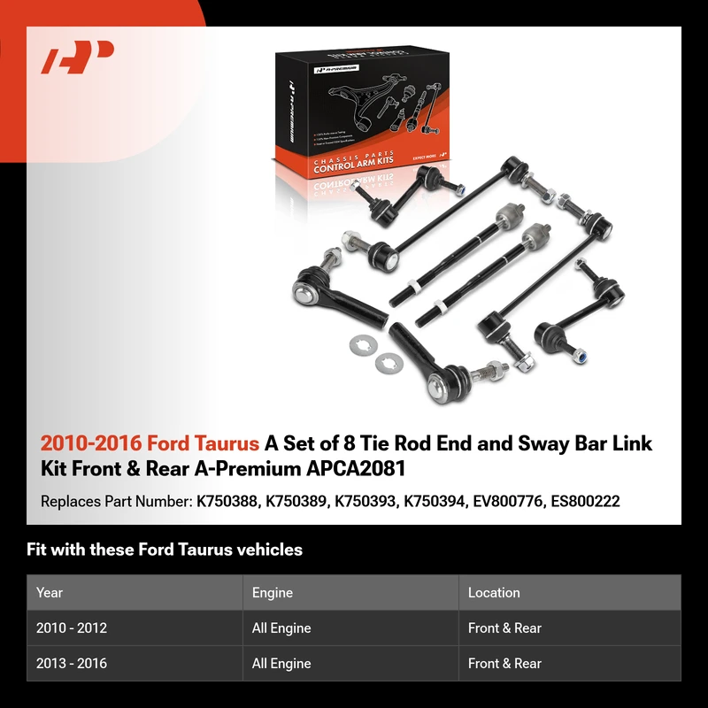 2010-2016 Ford Taurus A Set of 8 Tie Rod End and Sway Bar Link Kit Front & Rear A-Premium APCA2081