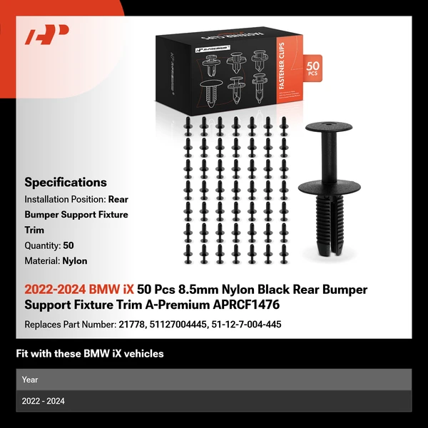 2022-2024 BMW iX 50 Pcs 8.5mm Nylon Black Rear Bumper Support Fixture Trim A-Premium APRCF1476