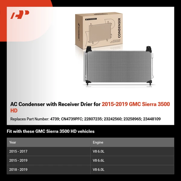AC Condenser with Receiver Drier for 2015-2019 GMC Sierra 3500 HD