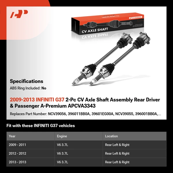 2009-2013 INFINITI G37 2-Pc CV Axle Shaft Assembly Rear Driver & Passenger A-Premium APCVA3343