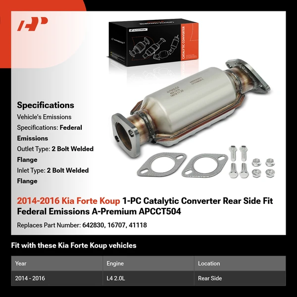 2014-2016 Kia Forte Koup 1-PC Catalytic Converter Rear Side Fit Federal Emissions A-Premium APCCT504