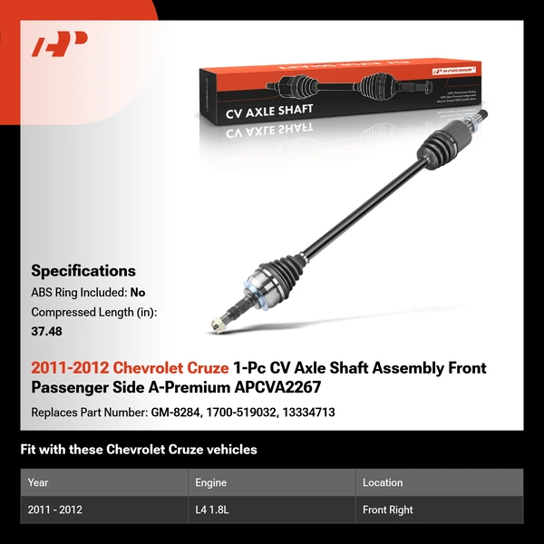 2011-2012 Chevrolet Cruze 1-Pc CV Axle Shaft Assembly Front Passenger Side A-Premium APCVA2267