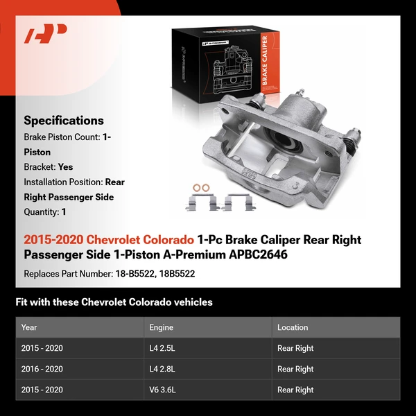 2015-2020 Chevrolet Colorado 1-Pc Brake Caliper Rear Right Passenger Side 1-Piston A-Premium APBC2646