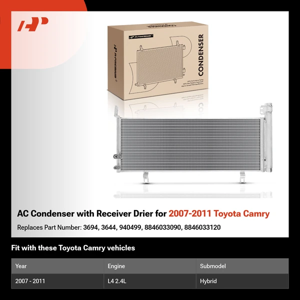 AC Condenser with Receiver Drier for 2007-2011 Toyota Camry
