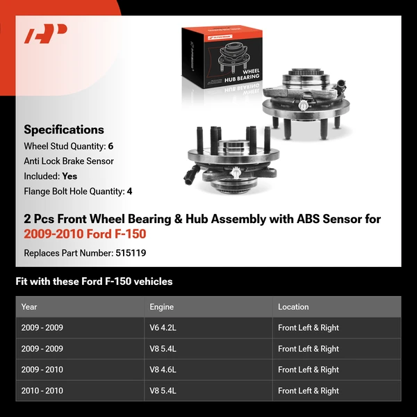 2 Pcs Front Wheel Bearing & Hub Assembly with ABS Sensor for 2009-2010 Ford F-150